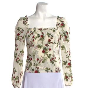Reformation Cream Floral Puff-Sleeve Blouse with Red & Green Roses